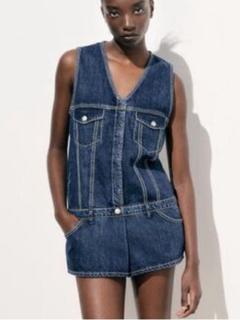 NWT Zara TRF sleeveless blue denim mini jumpsuit dress Size L